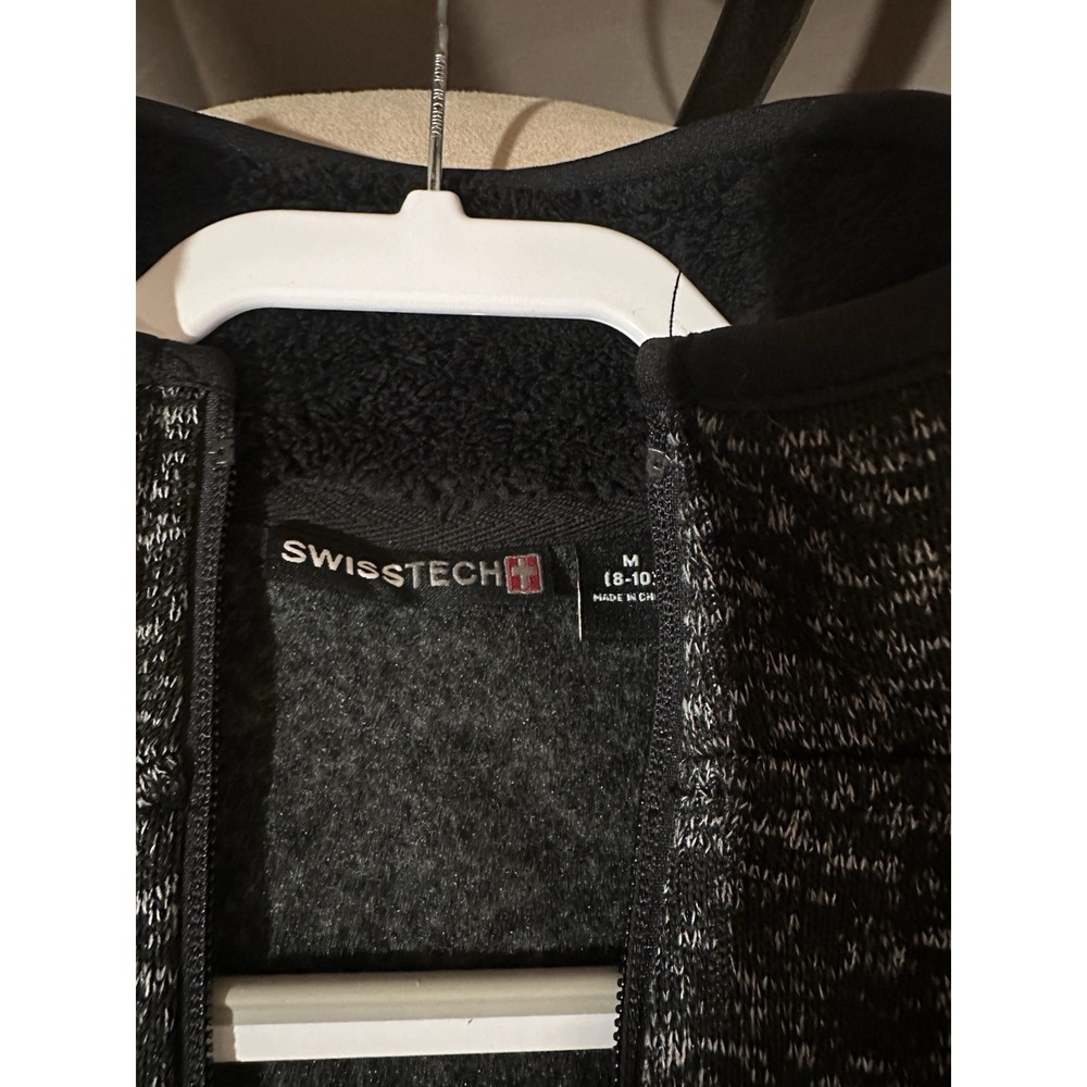 Swiss Tech Fleece Jacket Black White Heather Full Zip Outdoor Womens 8-10 Medium - Picture 3 of 4